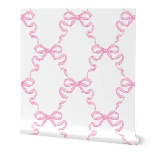 Large Hannah Ribbon Trellis Valentine Pink on White Wallpaper