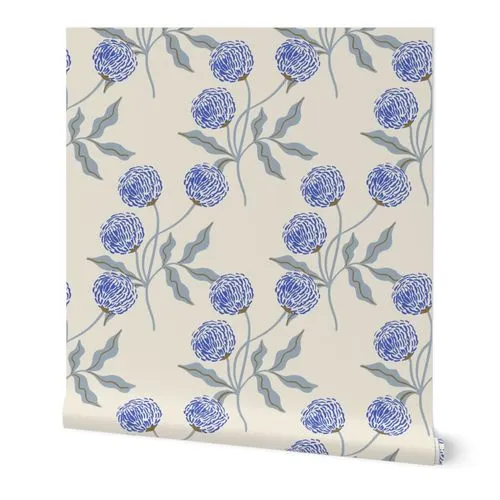 Cobalt and sage flowers on cream Wallpaper