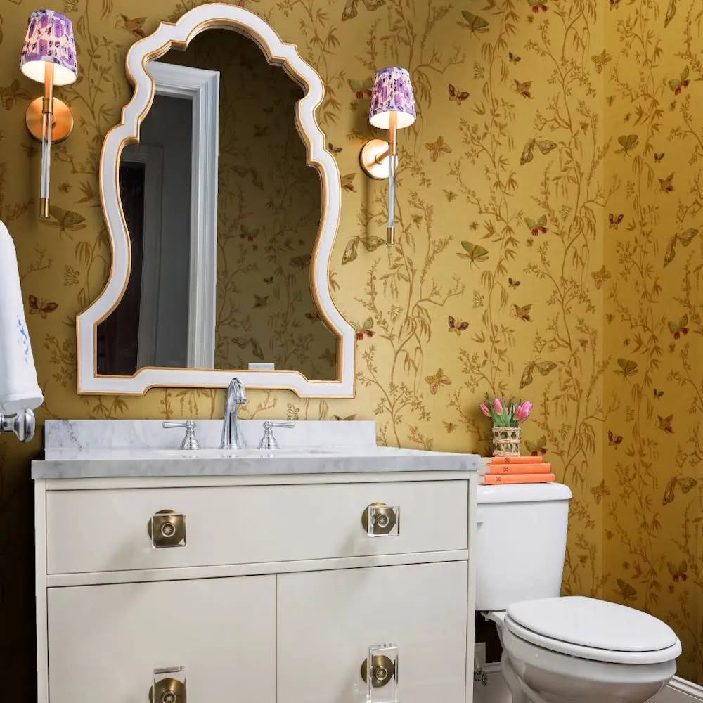 Powder room with romantic floral gold metallic wallpaper